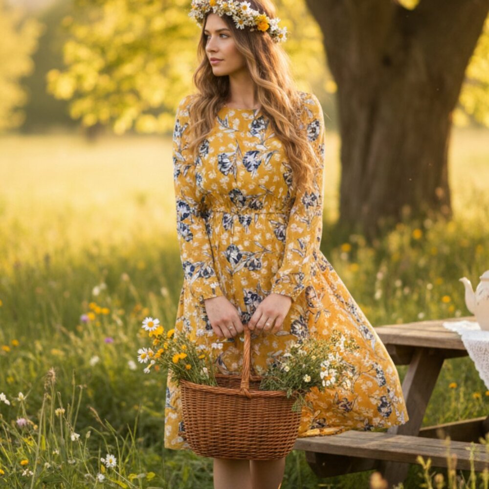 NWT J.Crew Long Sleeve Cobalt Floral Dress in Mustard Size 4‎